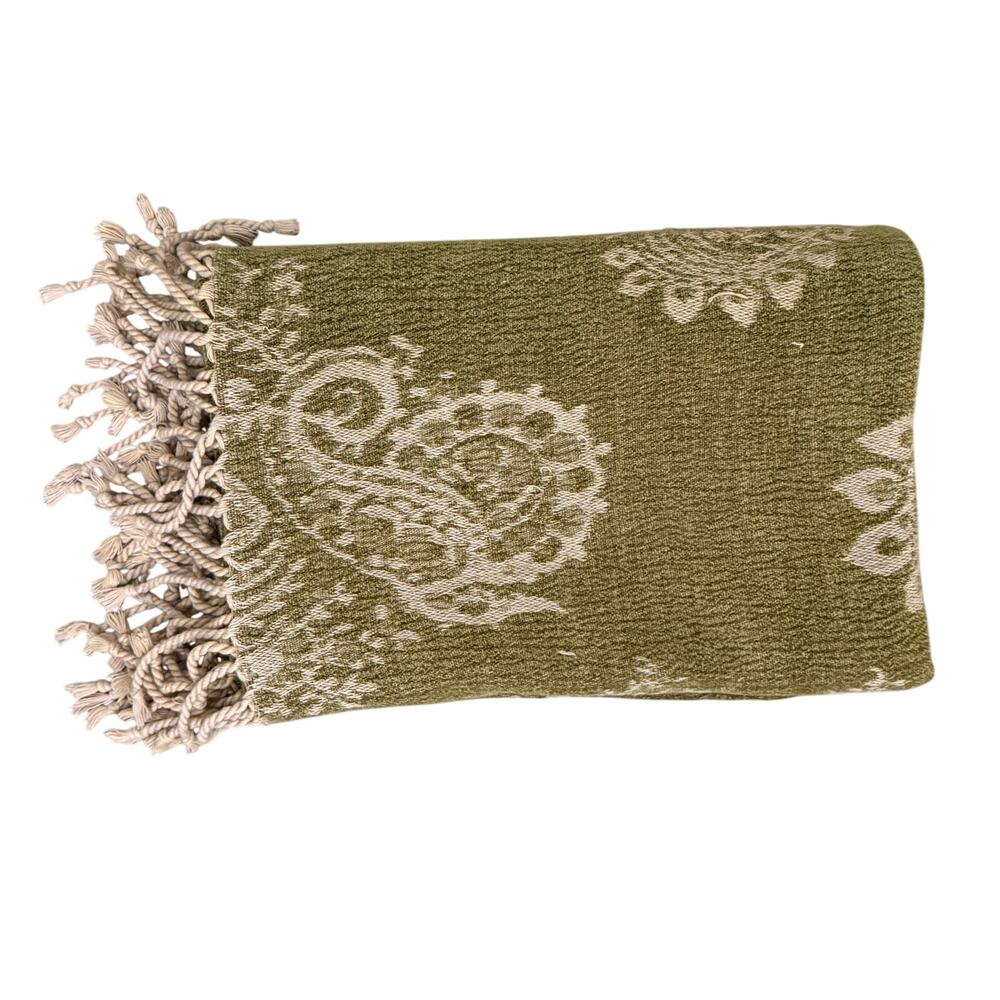 Calzeat of Scotland Olive Green Paisley Fringe 45x60 Throw Blanket Cozy Luxe